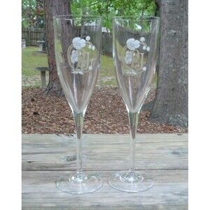 Perrier Jouet 2 Champagne Flutes 8" White & Gold Flowers Belle Epoque PJ France
